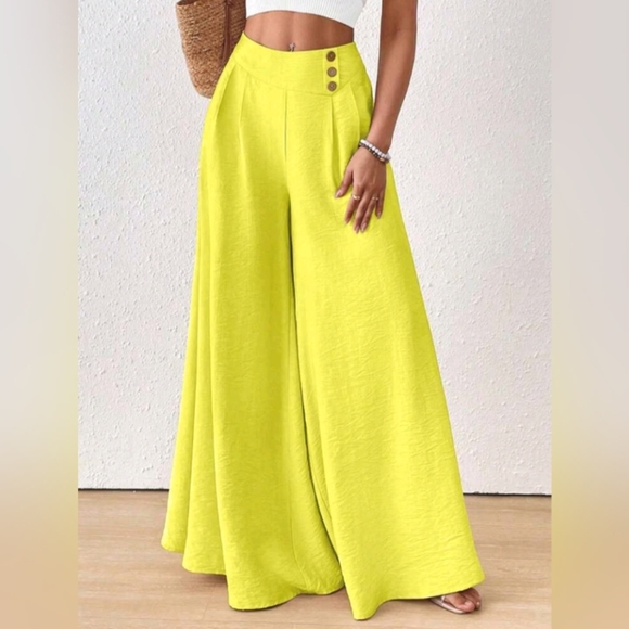 Women's Solid Color Button Front Pleated Wide Leg Pants, Elegant Fashion - Picture 4 of 5